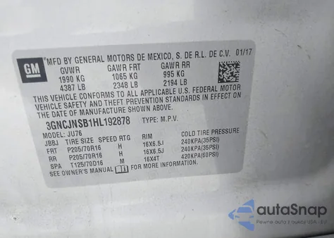 2017 Chevrolet Trax Ls из США, поврежденный, VIN 3GNCJNSB1HL192878